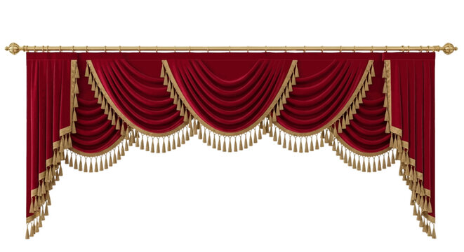 Vector illustration of luxury red velvet window valance with gold fringe on a transparent background