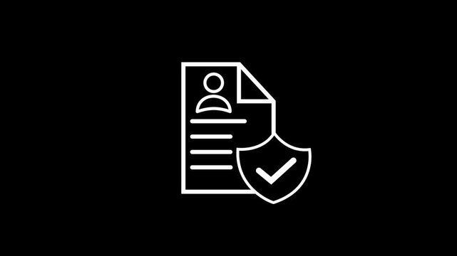 Personal identity data is secure animated icon. Shield protection and profile, people, person, human and member document with check mark animation video for authentication, safe, security .4k