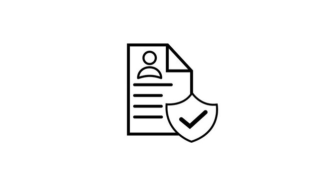 Personal identity data is secure animated icon. Shield protection and profile, people, person, human and member document with check mark animation video for authentication, safe, security .4k