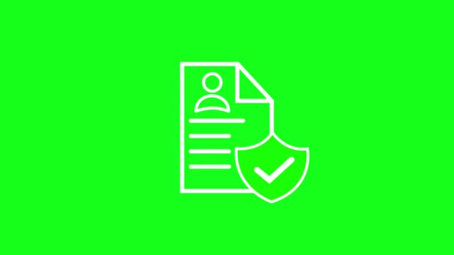 Personal identity data is secure animated icon. Shield protection and profile, people, person, human and member document with check mark animation video for authentication, safe, security .4k