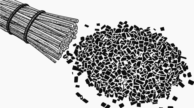 Vintage woodcut illustration of a tied bundle of sticks and shredded tobacco fragments for traditional processing
