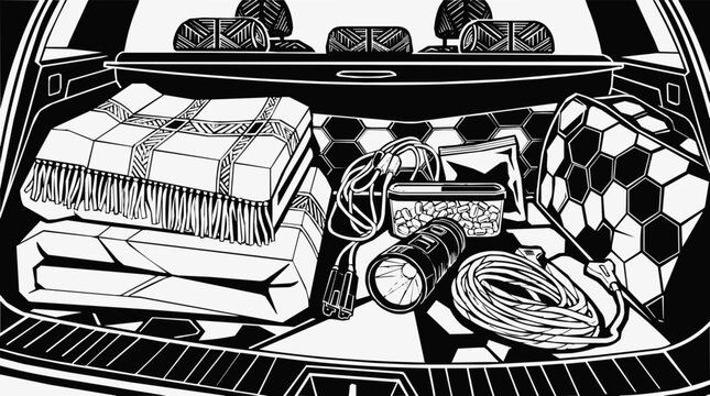 Organized car trunk with packing essentials for a long road trip including an emergency kit and a flashlight vector illustration
