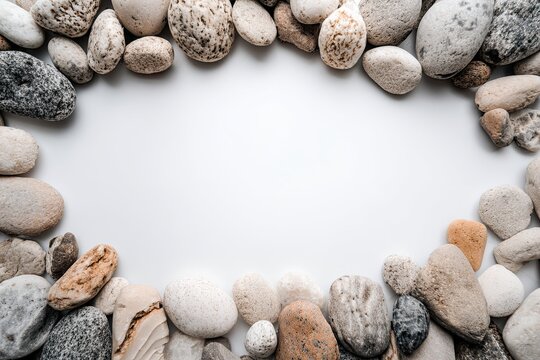A decorative border of smooth, natural pebbles and stones arranged on a clean white surface