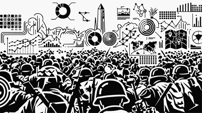 Strategic Information Warfare Concept featuring Military Data Analysis and Tactical Planning with Soldiers Visualizing Complex Intelligence and