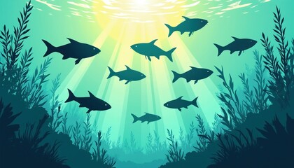Obraz premium Group of dark fish silhouettes swim in bright clear water. Sun rays penetrate deep blue aquatic surface through algae, green sea plants. Beautiful underwater nature scene shows peaceful school of