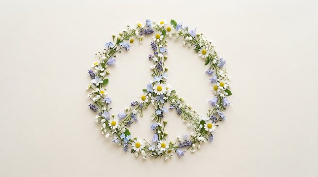 A floral peace symbol composed of daisies lavender and bluebells representing global harmony for International Day of Peace on a cream background in minimalist style