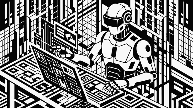 A futuristic robot using artificial intelligence to process complex digital data and advanced technology in a black and white geometric setting
