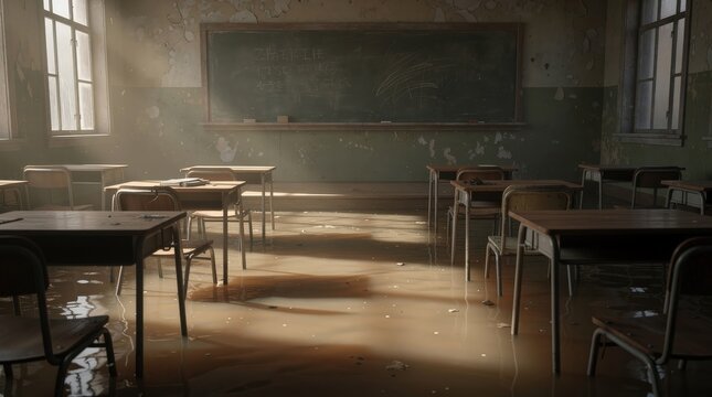 An abandoned classroom with old desks and chairs submerged in muddy floodwater, illuminated by light through the windows.
