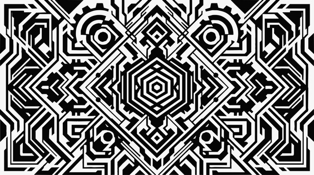 Futuristic Geometric Pattern and Technology Abstract Illustration Featuring Symmetrical Black and White Circuitry Design Elements