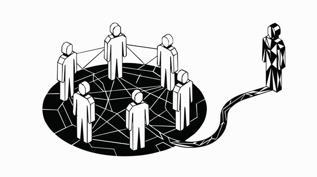 Isometric conceptual vector showing a social network of people with a digital connection to an outsider wanting to join the community