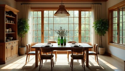 Fototapeta premium Modern dining room with wooden table, chairs in rustic house interior. Large window brings natural light into bright space with plants. Calm home decor setup offers warm atmosphere for dinner lunch.