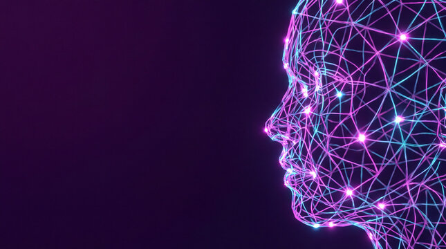 Abstract Digital Face: A glowing abstract representation of a human face composed of interconnected lines and luminous nodes, symbolizing artificial intelligence, neural networks.