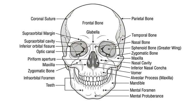 Detailed anatomical diagram of human skull bones.