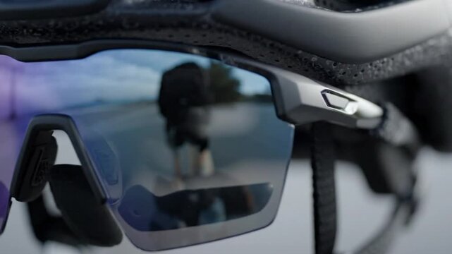 Close Up of Pro Cycling Helmet and Reflective Sports Sunglasses