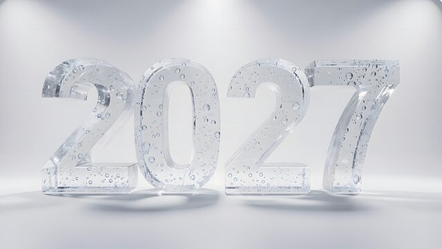 Three dimensional glass numbers forming the year 2027 on a bright white background.