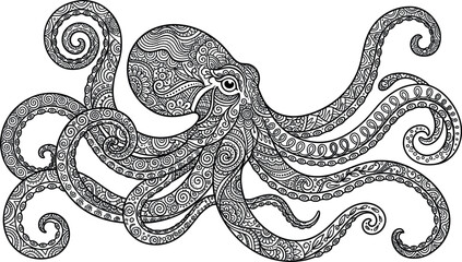 Detailed sea octopus vector illustration with swirling tentacles and intricate zentangle mandala patterns for marine life adult coloring page and nautical tattoo design. © MstBizly