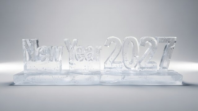 New Year 2027 text carved out of transparent ice blocks on a white background.