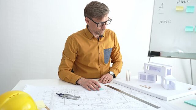 Architect or engineer working on architectural blueprints, drawing construction plans, designing a building project, and planning future development in an office
