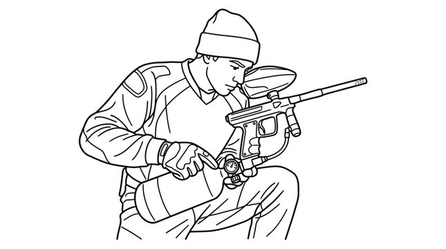Paintball player inspecting gear in this paintball vector