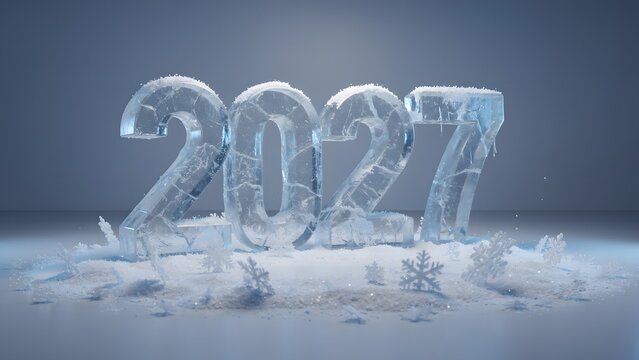 Three dimensional ice sculpture of the year 2027 standing on a snowy surface.