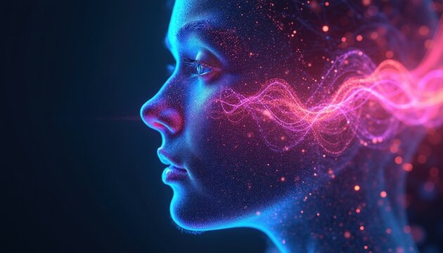 Side view of female face with glowing digital wave particles. Abstract woman profile visualizes voice sound modulation frequency speech processing. Neural network AI model analyzes vocal tone, audio
