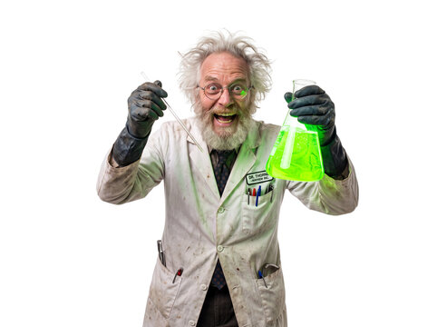 Crazy Mad Scientist with Wild Hair Holding Glowing Green Potion Flask Isolated