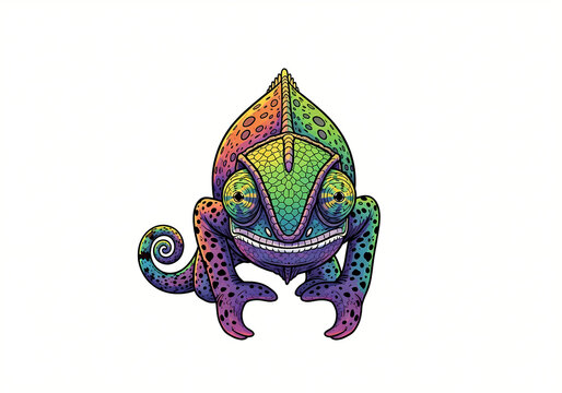 Vibrant Rainbow Chameleon Illustration Isolated on White Background, Colorful Artistic Lizard Character for Creative Branding, Adaptability and Versatility Business Concept