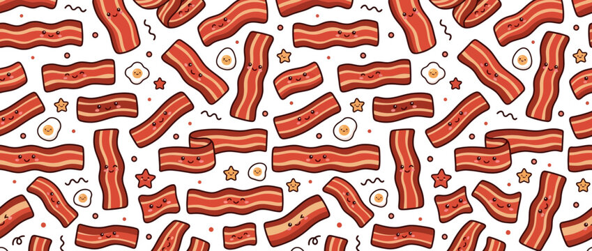 Cute Bacon and Fried Egg Pattern - Kawaii Breakfast Food Illustration