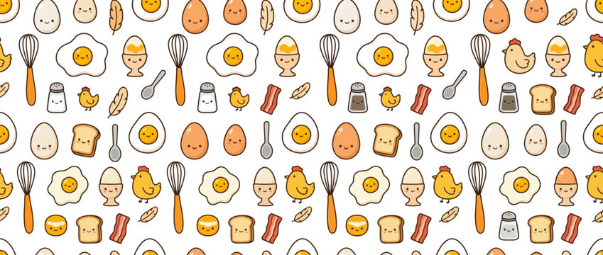 Cute Kawaii Breakfast Pattern: Eggs, Bacon, Toast, Chicken, Whisk