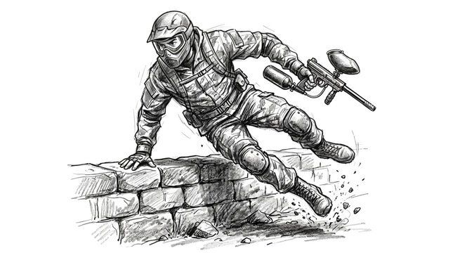 Paintball player vaulting over wall in action paintball vector