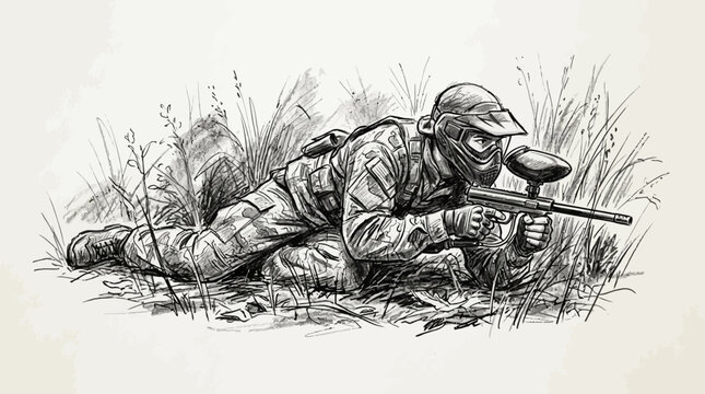 Paintball player in tactical gear aiming during match paintball vector