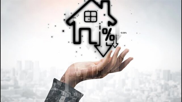 Conceptual image of a hand holding a house symbol with decreasing arrows indicating decline in real estate market and financial interest rates over a cityscape background Sigmoid