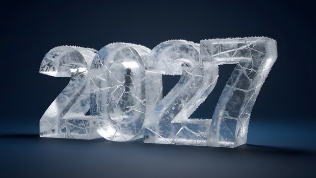 Three dimensional numbers 2027 made of realistic cracked ice on a dark blue background.