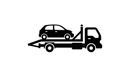 Fototapeta premium Vector illustration of flatbed tow truck icon with a car on the back on a transparent background