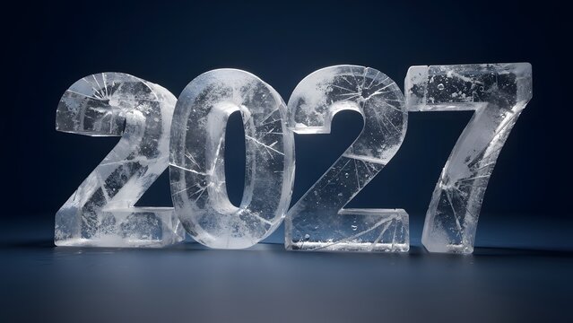 Three dimensional numbers representing the year 2027 carved from solid blocks of ice.