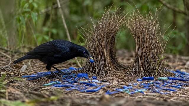 Bowerbird carefully arranging bright blue objects around elaborate courtship bower