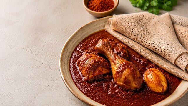 traditional Ethiopian doro wat chicken stew served with fresh injera, authentic East African cuisine