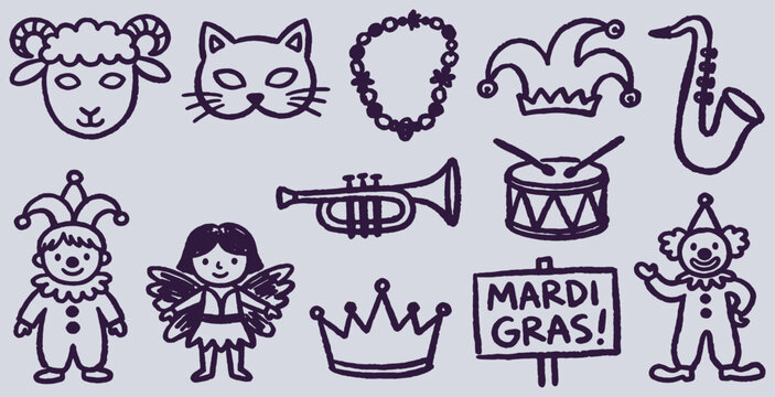 Collection of Mardi Gras themed hand-drawn icons including a clown, jester hat, saxophone, and trumpet.