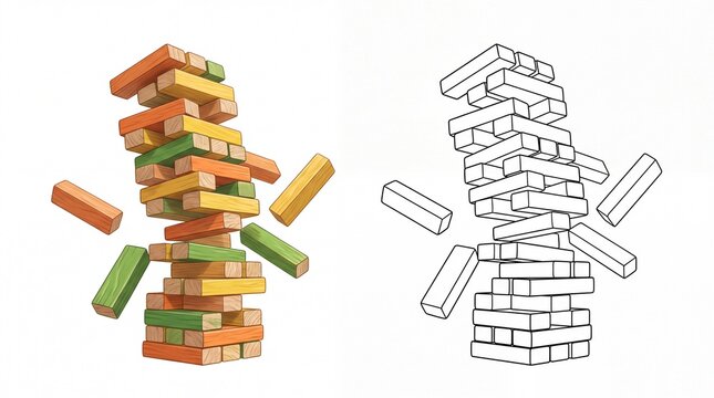 Colorful wooden block tower falling apart with a black and white outline on transparent background