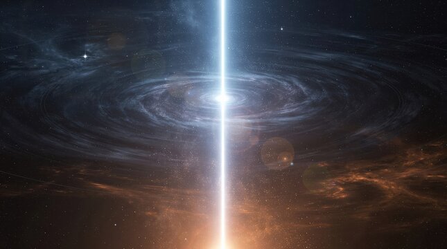 A luminous beam pierces a swirling galaxy, highlighting cosmic dust and stars in a deep space scene full of wonder and mystery.