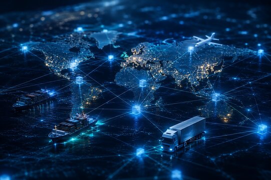 Futuristic global logistics network with digital world map connecting cargo ships truck and airplane