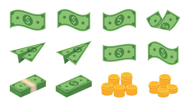 Flat vector set of dollar bills and gold coins