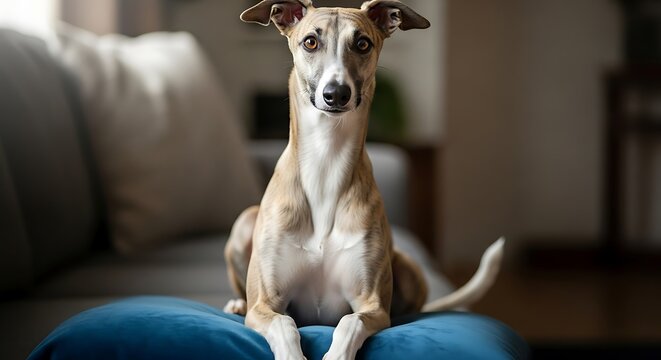 Gray wolf sitting on blue couch indoors.