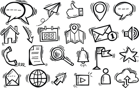 Doodle contact us icons set. Sketch customer support service, communication, help desk, information and client review symbols.
Hand drawn cell phone, mail, email, fax, location, web page illustartion
