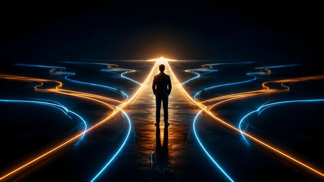 Businessman standing at glowing neon crossroads choosing the right path for future business strategy and leadership success.