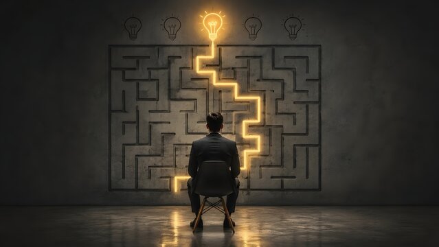 Businessman looking at complex maze with glowing path leading to bright light bulb representing business problem solving
