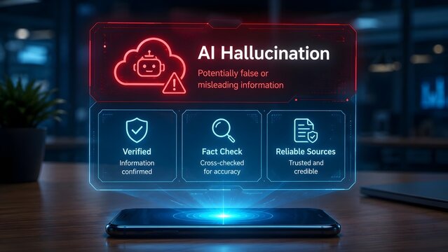 Futuristic smartphone hologram interface showing AI hallucination warning and fact checking process for reliable artificial intelligence sources.