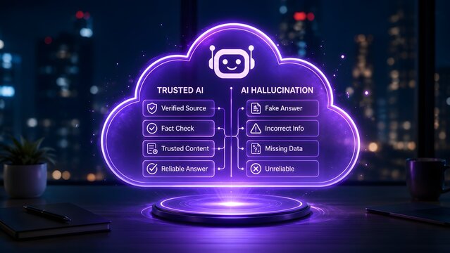 Glowing purple holographic cloud comparing trusted AI and AI hallucinations hovering on a desk with a blurred night city skyline background