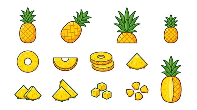 Assorted pineapple and pine tree vector icons.