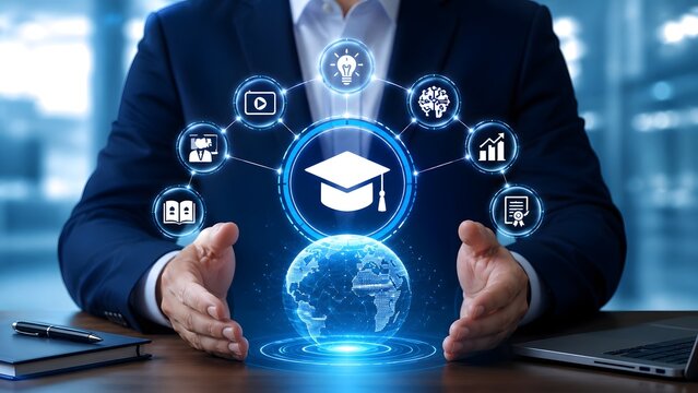 Businessman holding digital earth with glowing graduation cap hologram and online education icons representing global e learning and smart study.